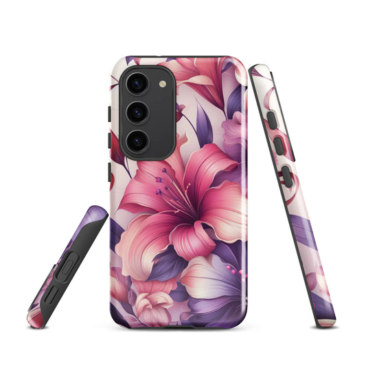Pink lilies Samsung galaxy s23 case available for purchase with fast shipping.